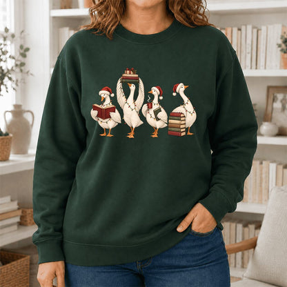 Goose Christmas Reading Printed Sweatshirt | Christmas Reader Gift Forest Green