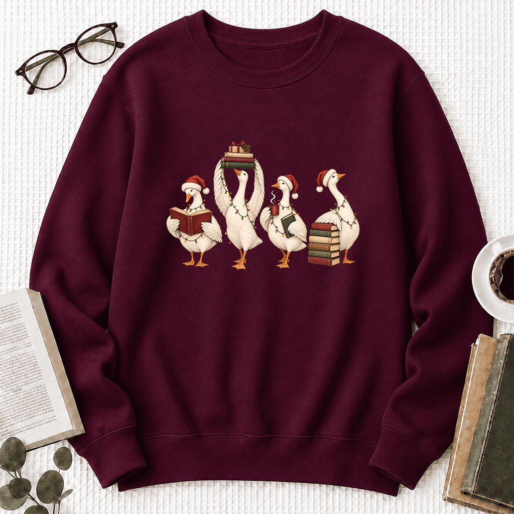 Goose Christmas Reading Printed Sweatshirt | Christmas Reader Gift Maroon