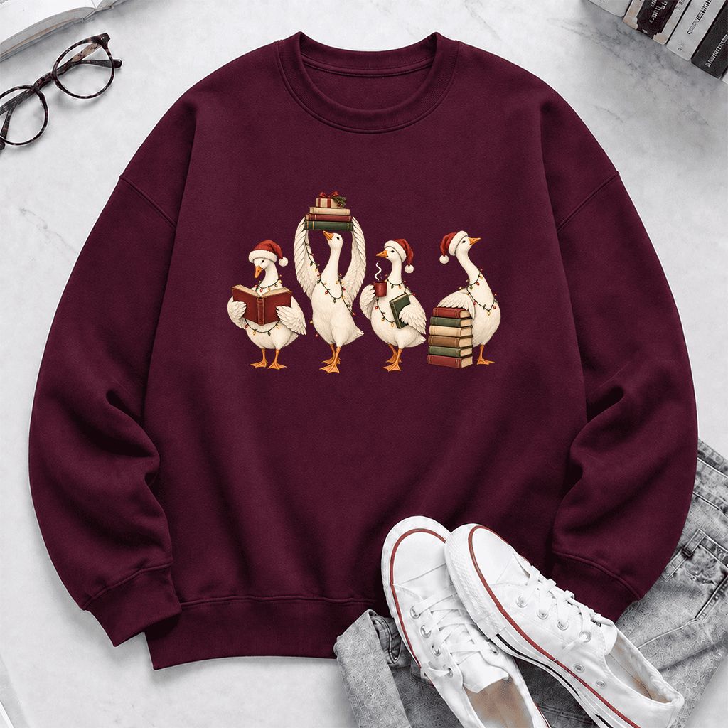 Goose Christmas Reading Printed Sweatshirt | Christmas Reader Gift Maroon