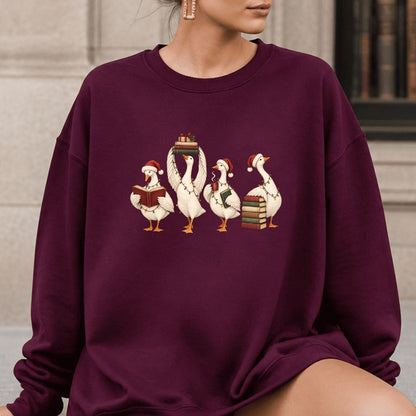 Goose Christmas Reading Printed Sweatshirt | Christmas Reader Gift Maroon