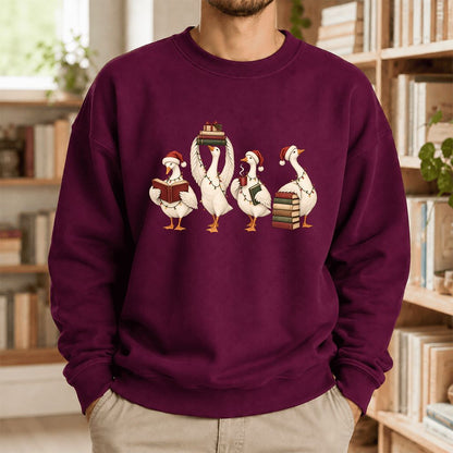 Goose Christmas Reading Printed Sweatshirt | Christmas Reader Gift Maroon