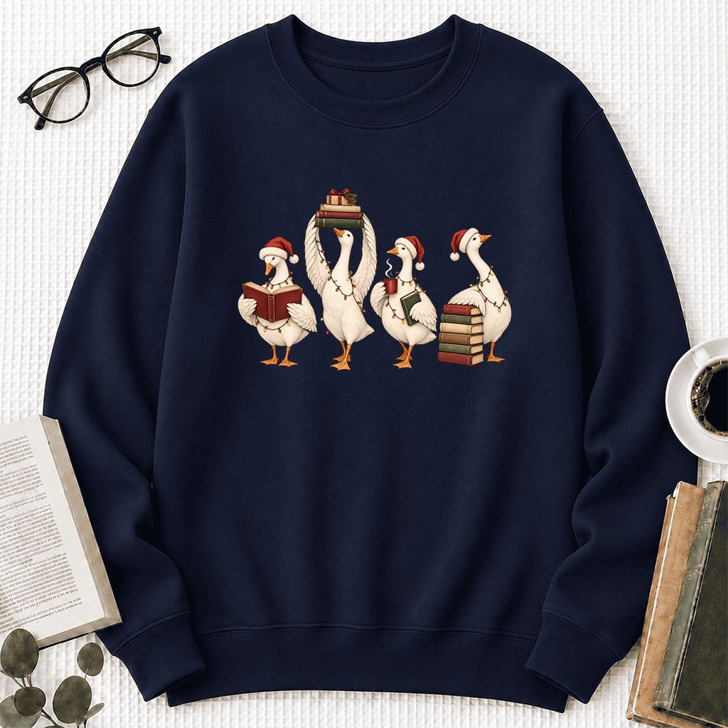Goose Christmas Reading Printed Sweatshirt | Christmas Reader Gift Navy