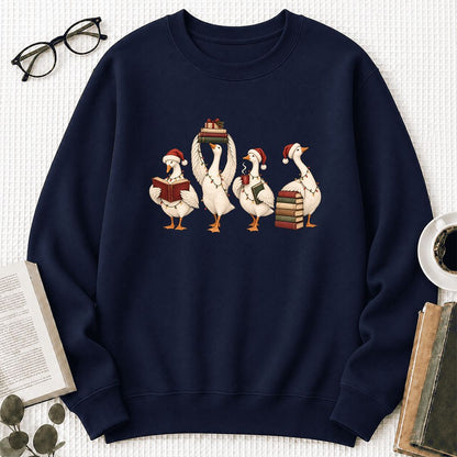 Goose Christmas Reading Printed Sweatshirt | Christmas Reader Gift Navy