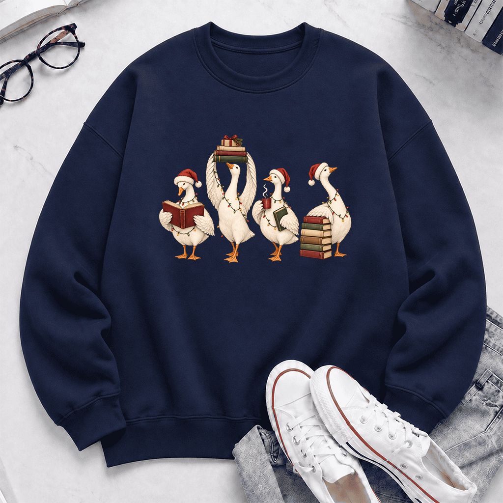 Goose Christmas Reading Printed Sweatshirt | Christmas Reader Gift Navy