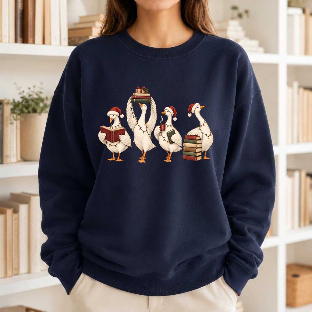 Goose Christmas Reading Printed Sweatshirt | Christmas Reader Gift Navy