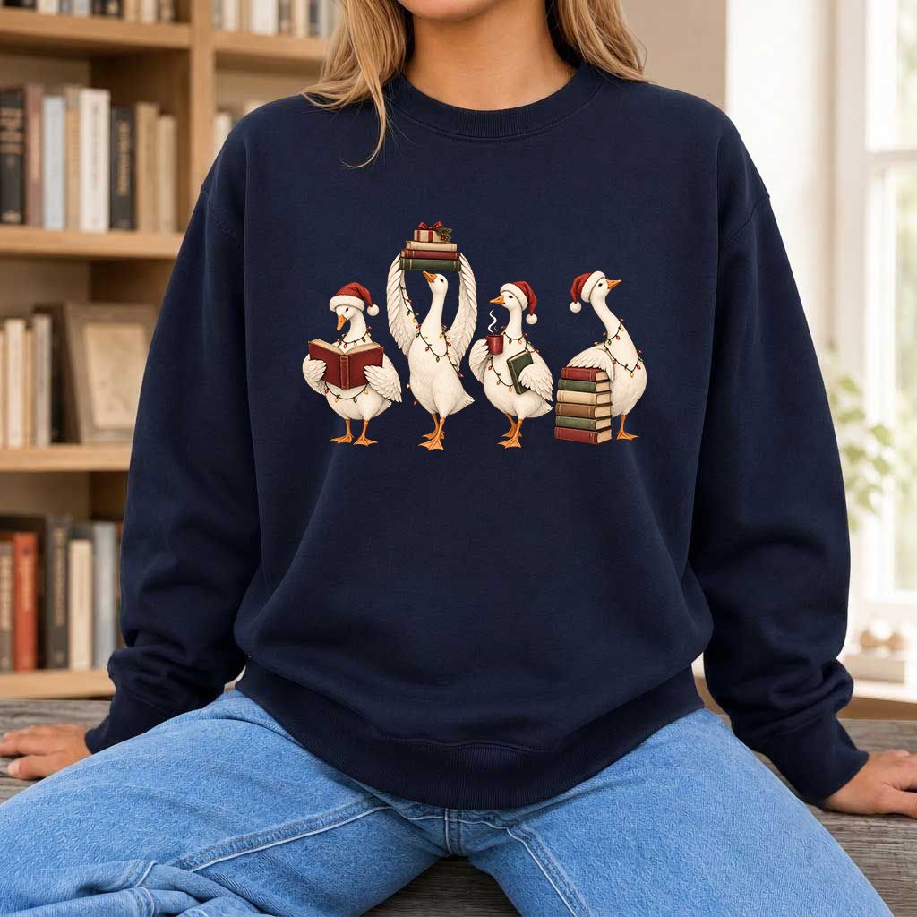 Goose Christmas Reading Printed Sweatshirt | Christmas Reader Gift Navy