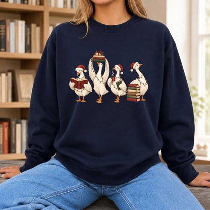 Goose Christmas Reading Printed Sweatshirt | Christmas Reader Gift Navy