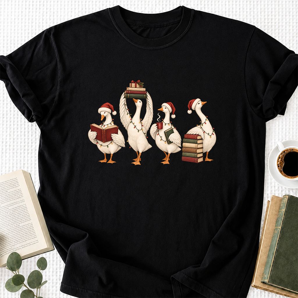 Goose Christmas Reading Printed T-Shirt | Christmas Reader Gift Black