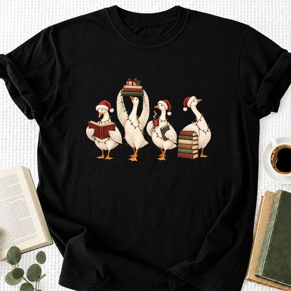 Goose Christmas Reading Printed T-Shirt | Christmas Reader Gift Black