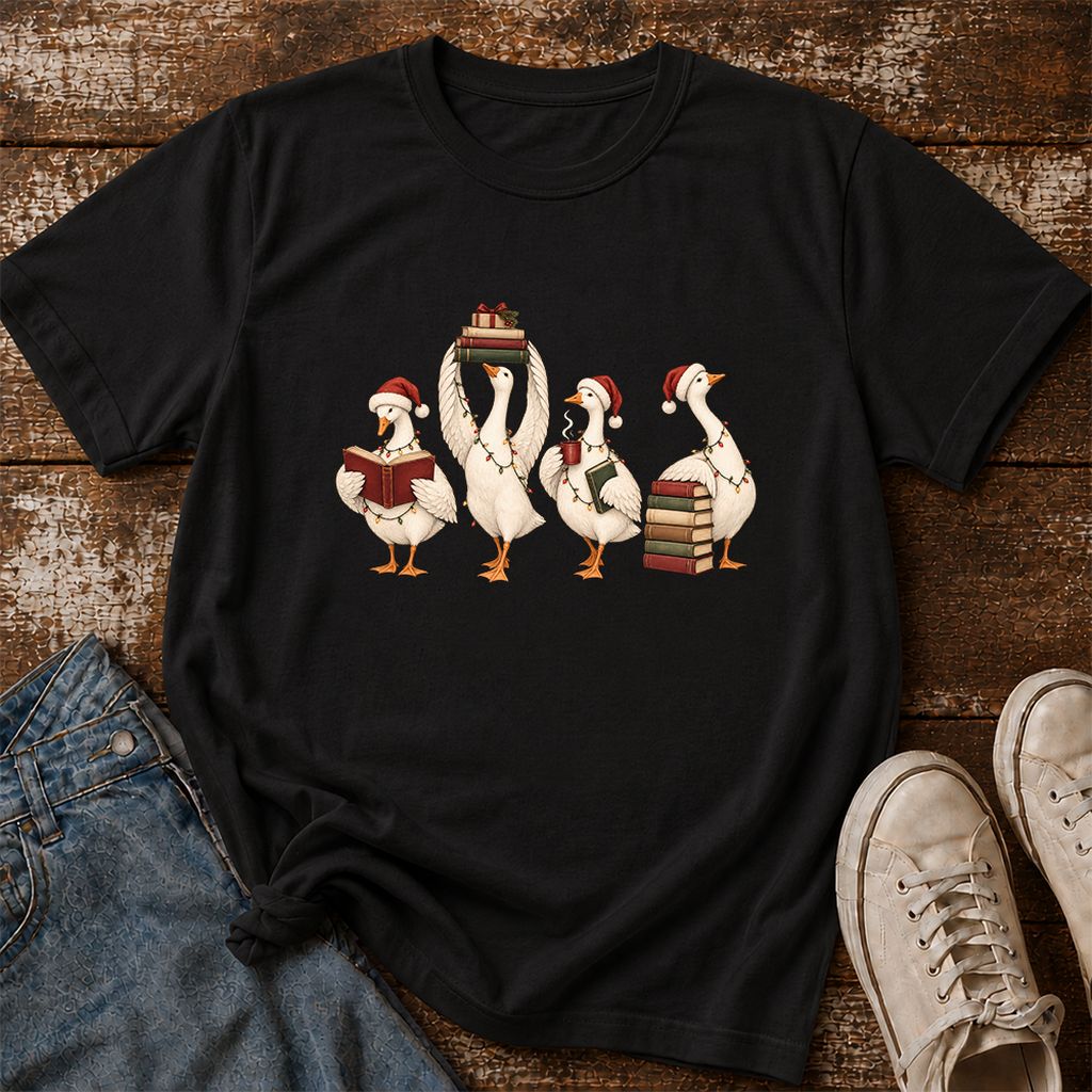 Goose Christmas Reading Printed T-Shirt | Christmas Reader Gift Black