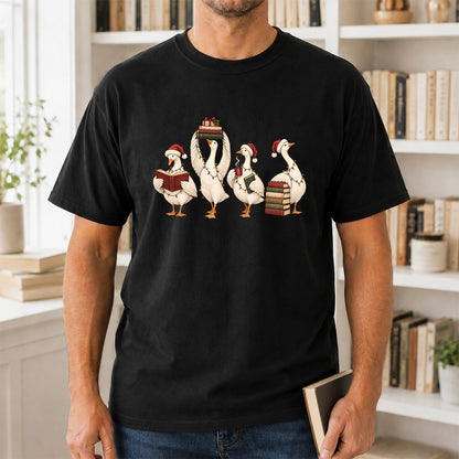 Goose Christmas Reading Printed T-Shirt | Christmas Reader Gift Black