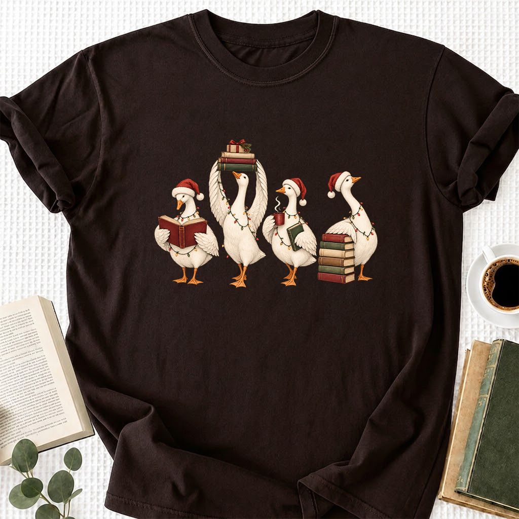 Goose Christmas Reading Printed T-Shirt | Christmas Reader Gift Dark Chocolate