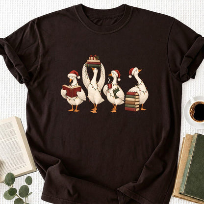 Goose Christmas Reading Printed T-Shirt | Christmas Reader Gift Dark Chocolate
