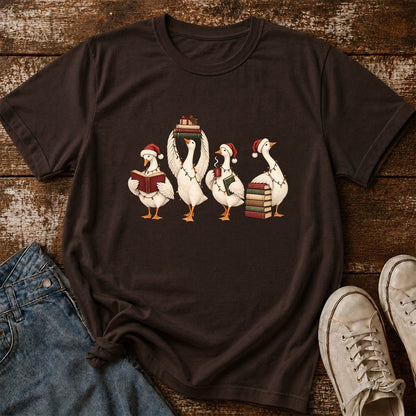 Goose Christmas Reading Printed T-Shirt | Christmas Reader Gift Dark Chocolate