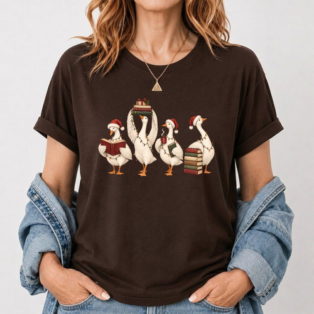 Goose Christmas Reading Printed T-Shirt | Christmas Reader Gift Dark Chocolate