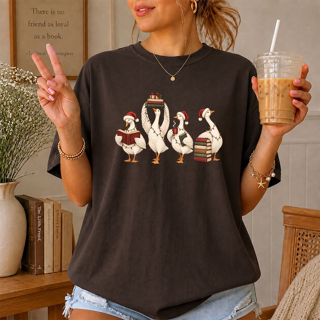 Goose Christmas Reading Printed T-Shirt | Christmas Reader Gift Dark Chocolate