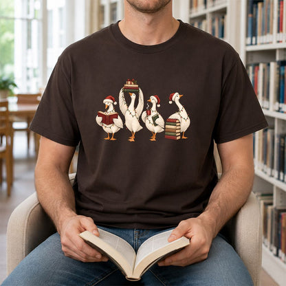 Goose Christmas Reading Printed T-Shirt | Christmas Reader Gift Dark Chocolate