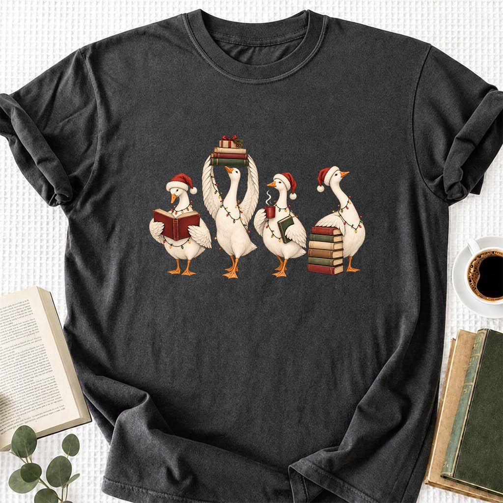 Goose Christmas Reading Printed T-Shirt | Christmas Reader Gift Dark Heather