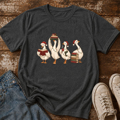 Goose Christmas Reading Printed T-Shirt | Christmas Reader Gift Dark Heather