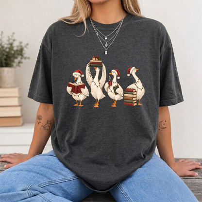 Goose Christmas Reading Printed T-Shirt | Christmas Reader Gift Dark Heather