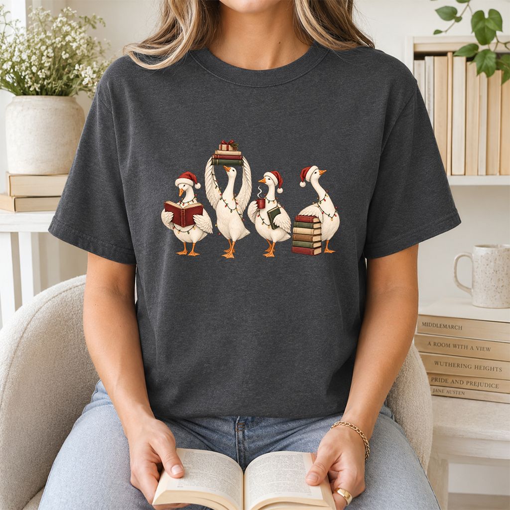 Goose Christmas Reading Printed T-Shirt | Christmas Reader Gift Dark Heather