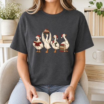 Goose Christmas Reading Printed T-Shirt | Christmas Reader Gift Dark Heather