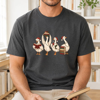 Goose Christmas Reading Printed T-Shirt | Christmas Reader Gift Dark Heather