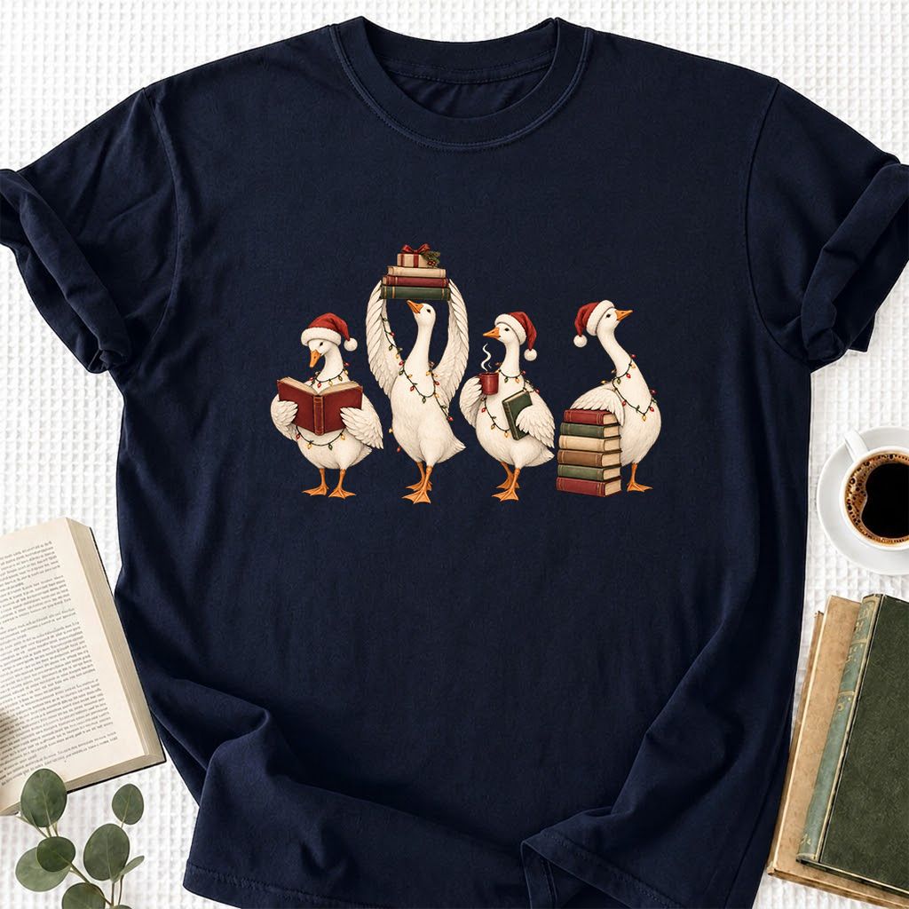 Goose Christmas Reading Printed T-Shirt | Christmas Reader Gift Navy