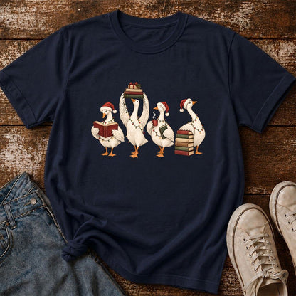 Goose Christmas Reading Printed T-Shirt | Christmas Reader Gift Navy
