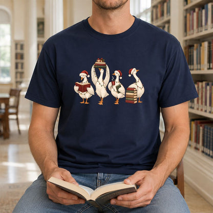 Goose Christmas Reading Printed T-Shirt | Christmas Reader Gift Navy
