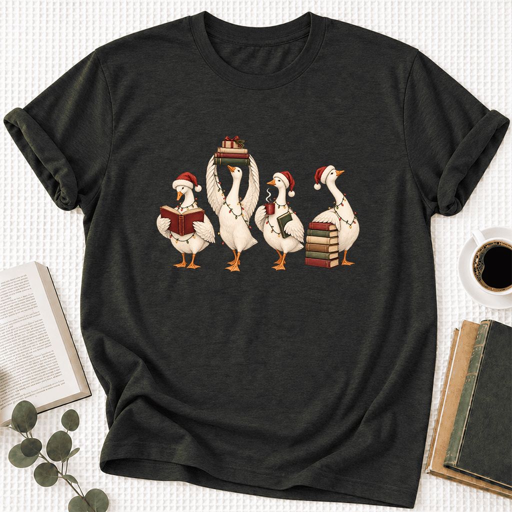 Goose Christmas Reading Ultra-Soft Cotton T-Shirt | Christmas Reader Gift Black Heather