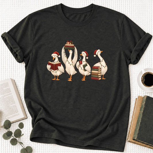 Goose Christmas Reading Ultra-Soft Cotton T-Shirt | Christmas Reader Gift Black Heather