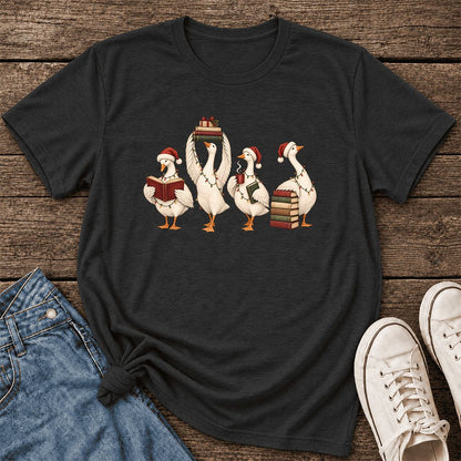 Goose Christmas Reading Ultra-Soft Cotton T-Shirt | Christmas Reader Gift Black Heather