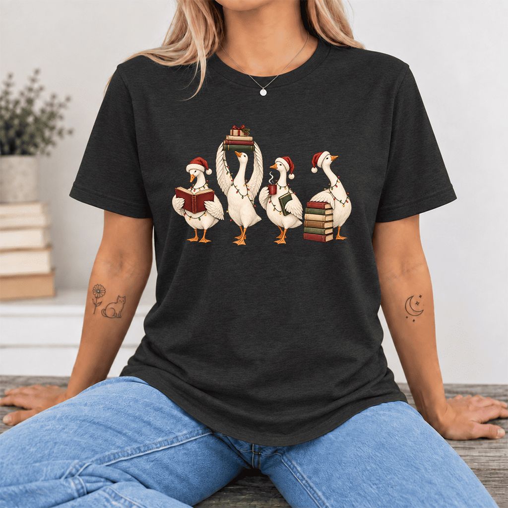 Goose Christmas Reading Ultra-Soft Cotton T-Shirt | Christmas Reader Gift Black Heather