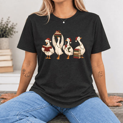 Goose Christmas Reading Ultra-Soft Cotton T-Shirt | Christmas Reader Gift Black Heather