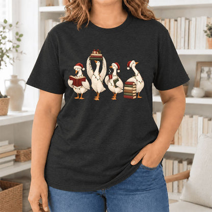 Goose Christmas Reading Ultra-Soft Cotton T-Shirt | Christmas Reader Gift Black Heather