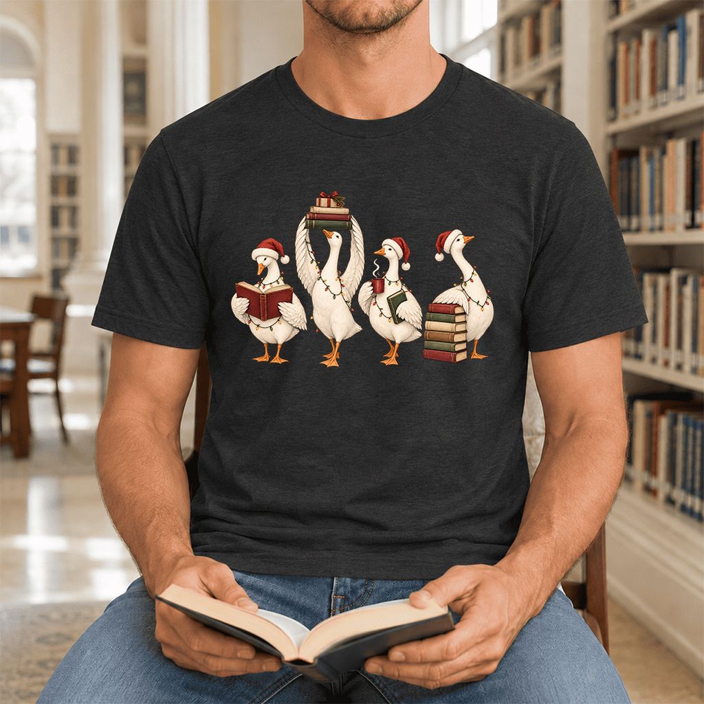 Goose Christmas Reading Ultra-Soft Cotton T-Shirt | Christmas Reader Gift Black Heather