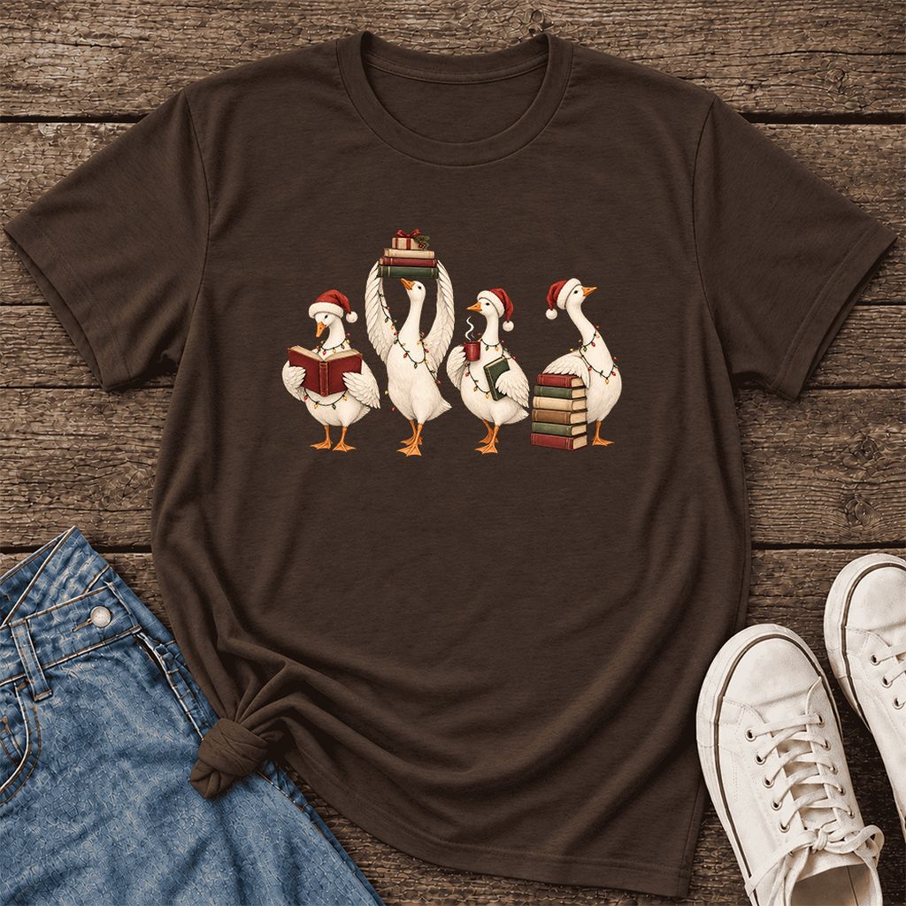 Goose Christmas Reading Ultra-Soft Cotton T-Shirt | Christmas Reader Gift Brown