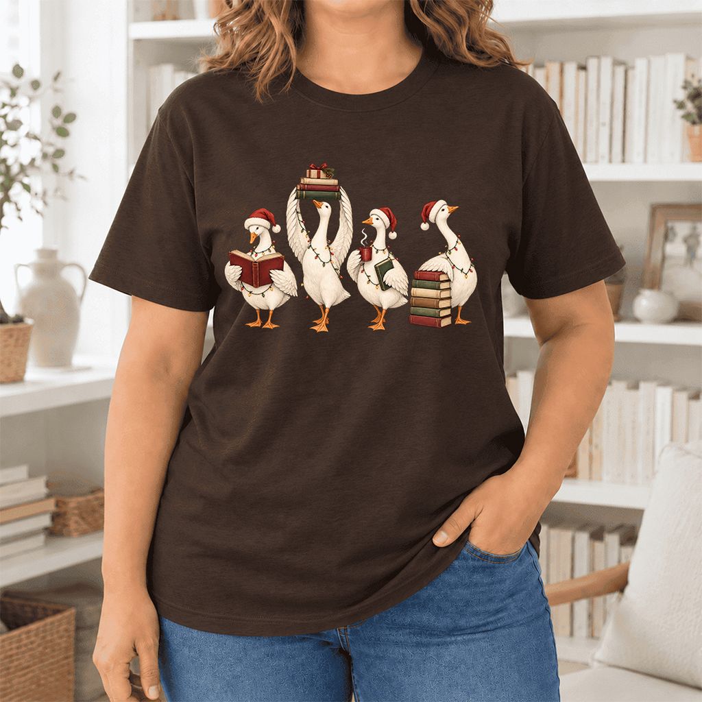 Goose Christmas Reading Ultra-Soft Cotton T-Shirt | Christmas Reader Gift Brown