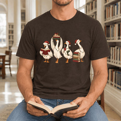 Goose Christmas Reading Ultra-Soft Cotton T-Shirt | Christmas Reader Gift Brown