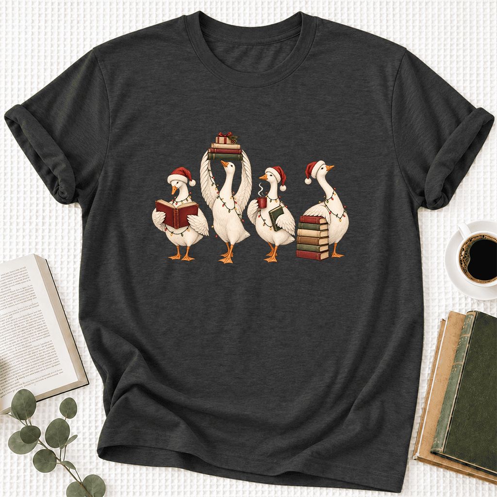 Goose Christmas Reading Ultra-Soft Cotton T-Shirt | Christmas Reader Gift Dark Grey Heather