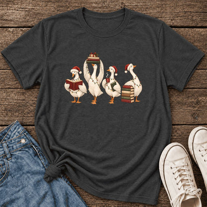 Goose Christmas Reading Ultra-Soft Cotton T-Shirt | Christmas Reader Gift Dark Grey Heather