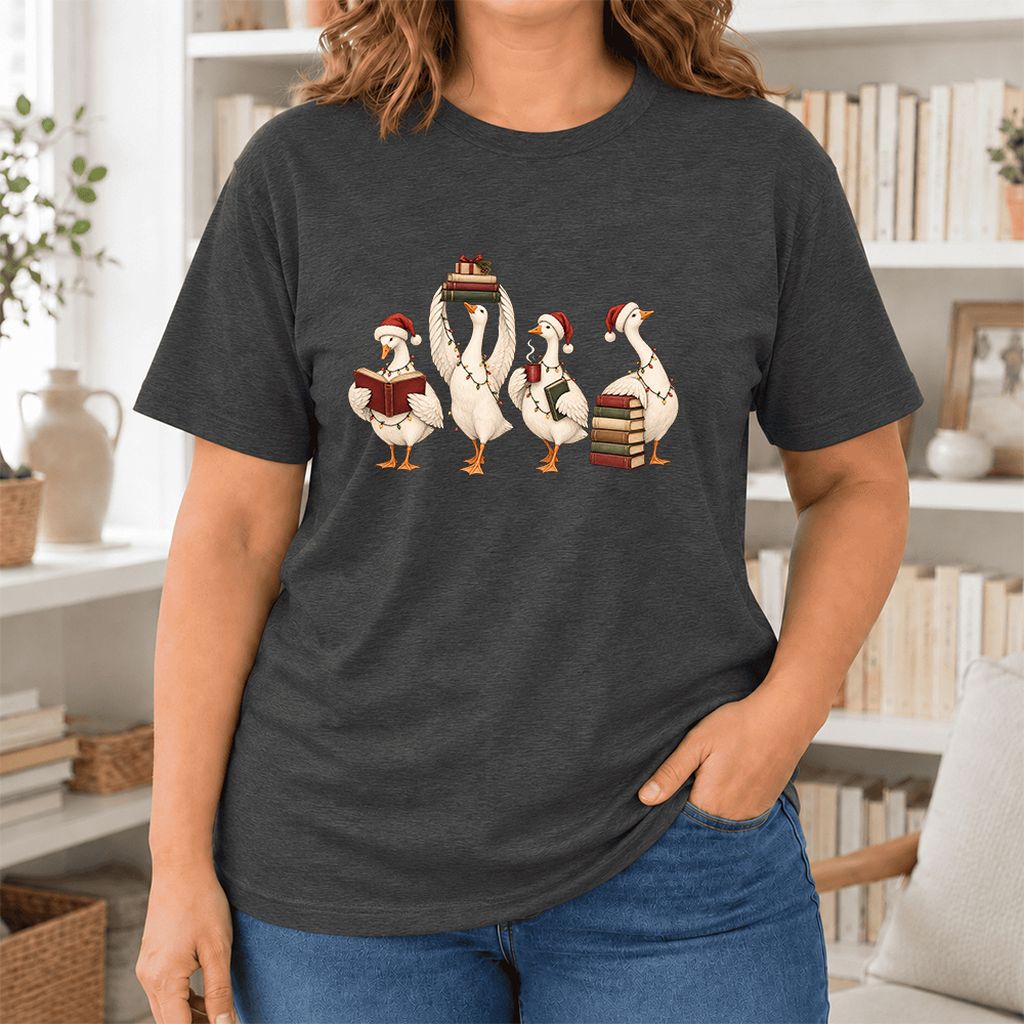 Goose Christmas Reading Ultra-Soft Cotton T-Shirt | Christmas Reader Gift Dark Grey Heather
