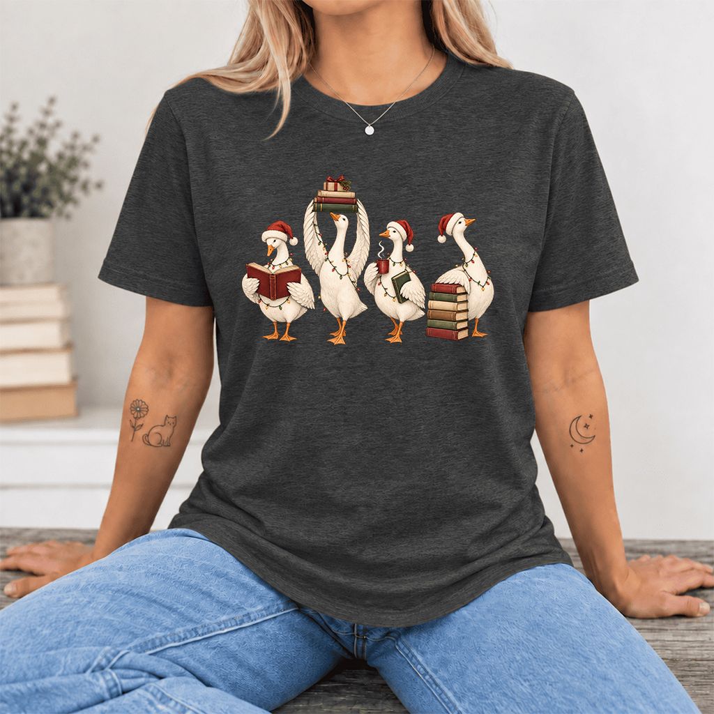 Goose Christmas Reading Ultra-Soft Cotton T-Shirt | Christmas Reader Gift Dark Grey Heather