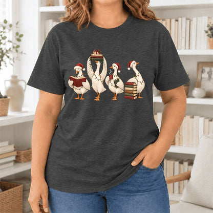 Goose Christmas Reading Ultra-Soft Cotton T-Shirt | Christmas Reader Gift Dark Grey Heather