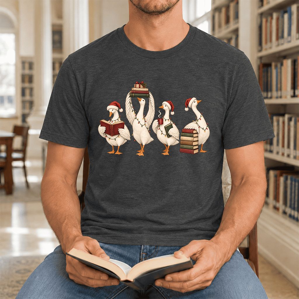 Goose Christmas Reading Ultra-Soft Cotton T-Shirt | Christmas Reader Gift Dark Grey Heather