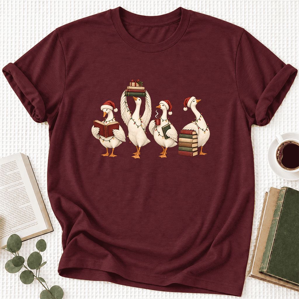 Goose Christmas Reading Ultra-Soft Cotton T-Shirt | Christmas Reader Gift Maroon