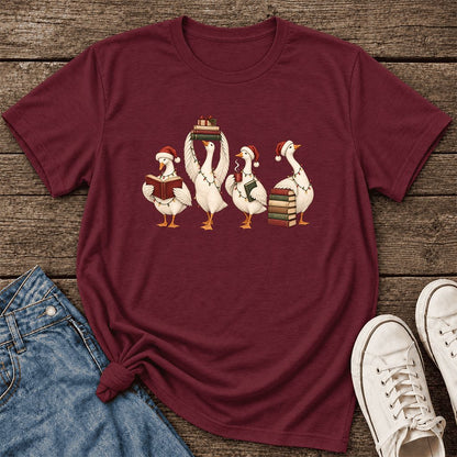 Goose Christmas Reading Ultra-Soft Cotton T-Shirt | Christmas Reader Gift Maroon