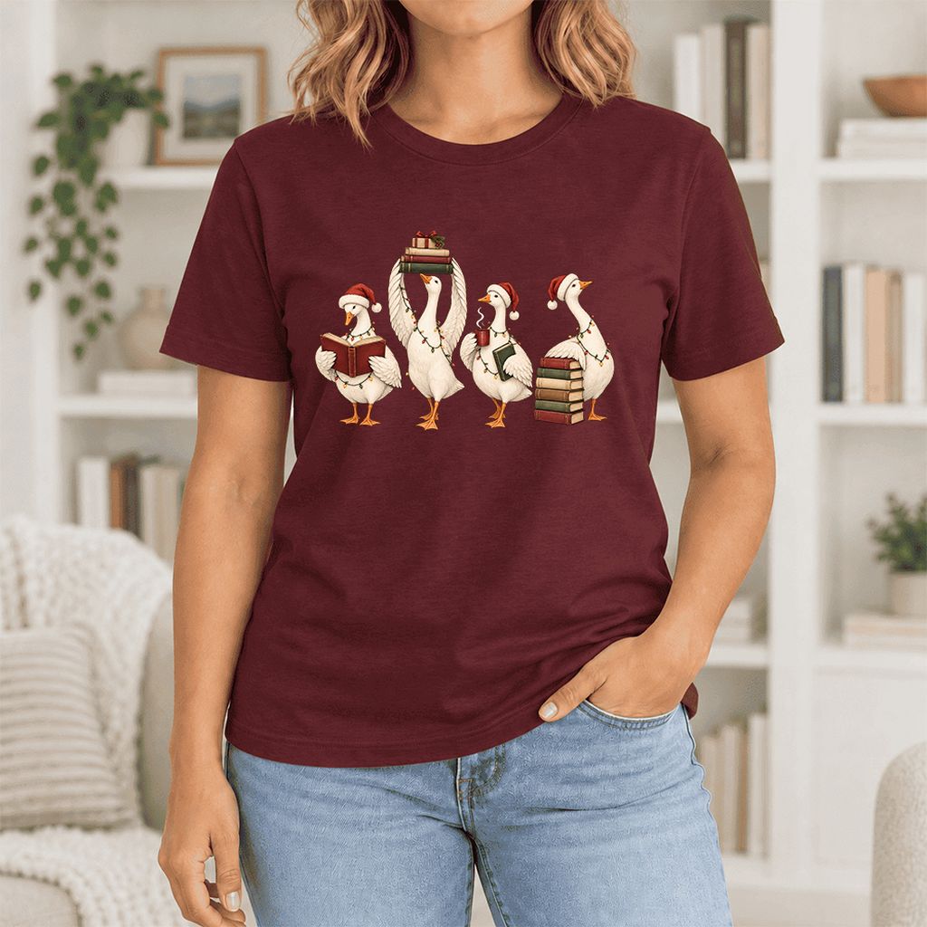 Goose Christmas Reading Ultra-Soft Cotton T-Shirt | Christmas Reader Gift Maroon