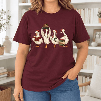 Goose Christmas Reading Ultra-Soft Cotton T-Shirt | Christmas Reader Gift Maroon